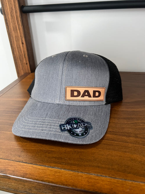 Dad Custom Leather Patch Hat. Father’s Day Ball Cap. Engraved Leather Patch Trucker Hat.
