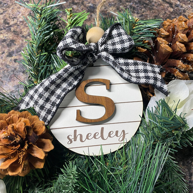 Personalized Ornament. Shiplap Name Ornament. Wooden Monogram Christmas Ornament. Rustic Farmhouse Ornament. Round Engraved Ornament. - C & A Engraving and Gifts