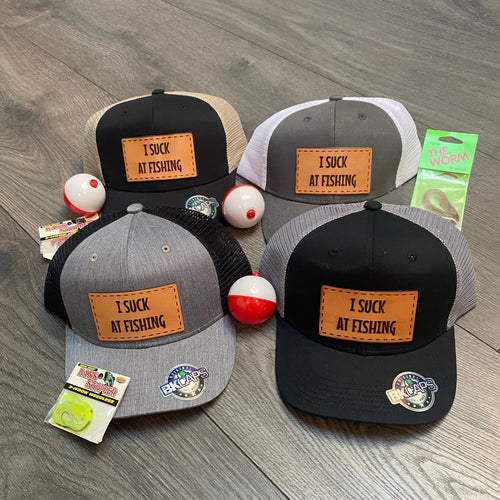 I Suck at Fishing Custom Leather Patch Hat. Fishing Ball Cap. Engraved Leather Patch Trucker Hat. - C & A Engraving and Gifts