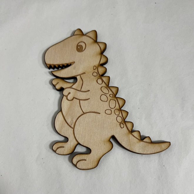 Wooden dinosaur cutout on a white background