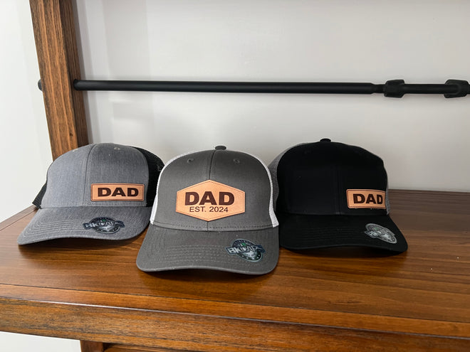 Dad Custom Leather Patch Hat. Father’s Day Ball Cap. Engraved Leather Patch Trucker Hat.