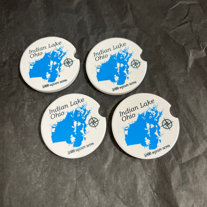 Indian Lake Ohio Car Coasters. Ceramic Car Coaster Souvenir. Indian Lake Map. Vehicle Decor.