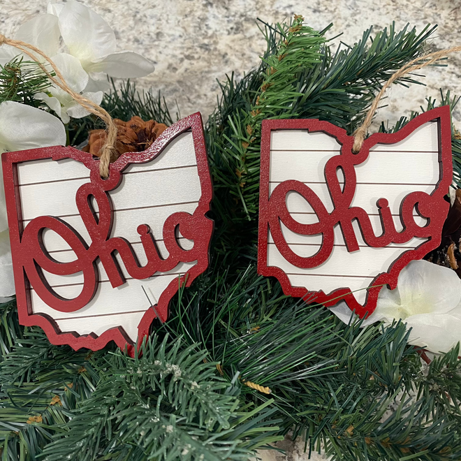 Script Ohio Shaped Wooden Ornament. Engraved Ohio Script Farmhouse Ornament. Gift for a Buckeye Fan.
