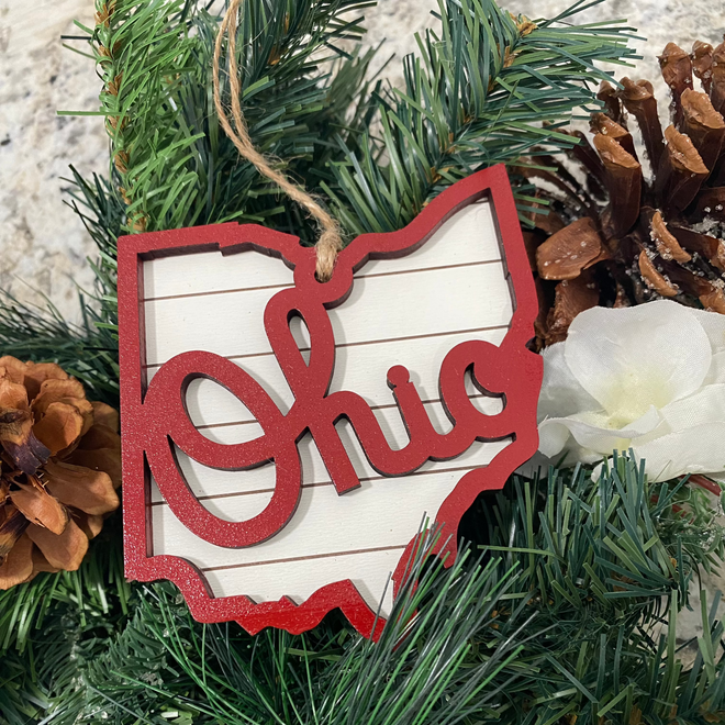 Script Ohio Shaped Wooden Ornament. Engraved Ohio Script Farmhouse Ornament. Gift for a Buckeye Fan.