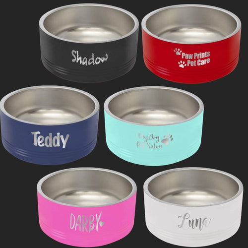 Woof Dog Bowl. Stainless Steel Engraved Dog Dish. Insulated Pet Food Bowl. - C & A Engraving and Gifts