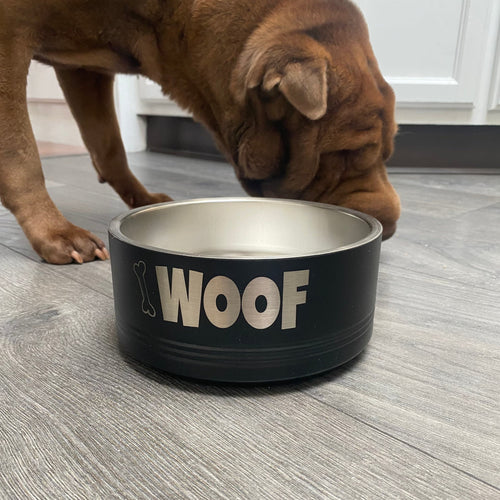 Woof Dog Bowl. Stainless Steel Engraved Dog Dish. Insulated Pet Food Bowl. - C & A Engraving and Gifts