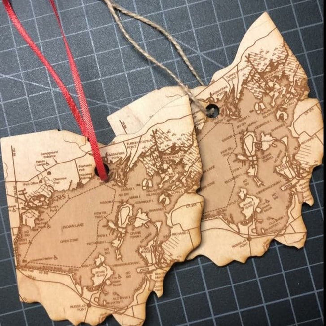 Indian Lake Ohio State Shape Wooden Ornament. Engraved Indian Lake Map Ornament. - C & A Engraving and Gifts