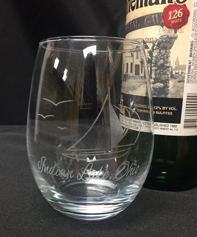 Indian Lake Stemless Sailboat Wine Glass - C & A Engraving and Gifts