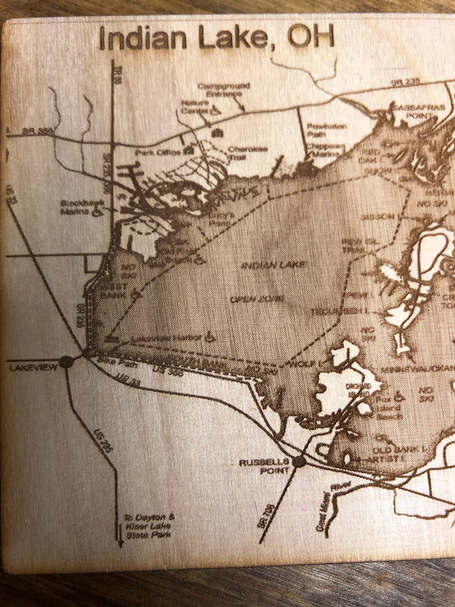 Indian Lake Ohio Engraved Map Wooden Magnet. - C & A Engraving and Gifts