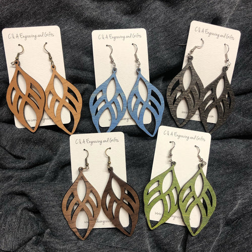 Wooden Teardrop Dangle Earrings. Stained Birch Wood Laser Cut Earrings. - C & A Engraving and Gifts