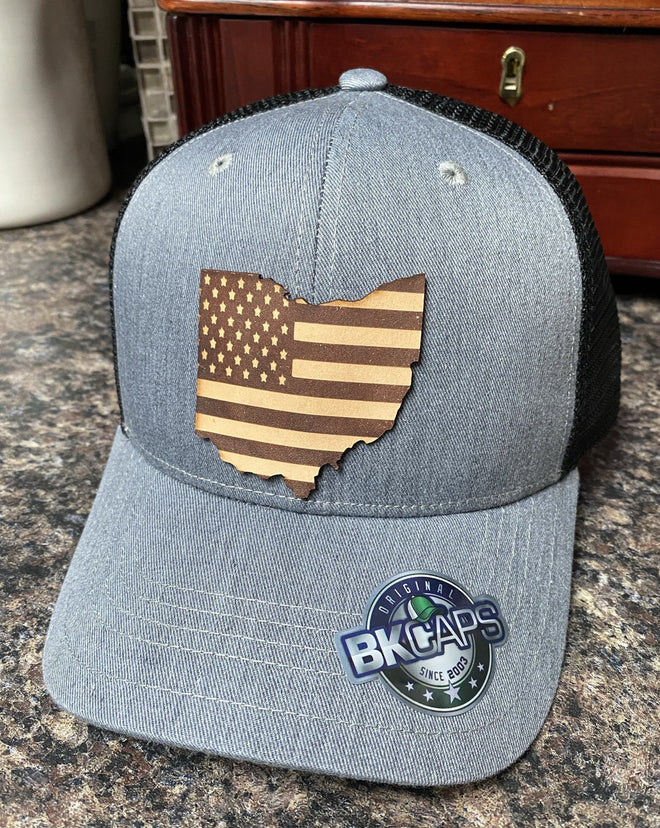 Custom Leather Ohio Flag Patch Hat. Ohio Leather Truck Hat. Laser Engraved Patch Hat. - C & A Engraving and Gifts