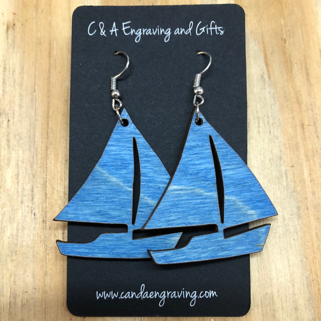 Wooden Sailboat Dangle Earrings. Stained Birch Wood Laser Cut Earrings. - C & A Engraving and Gifts