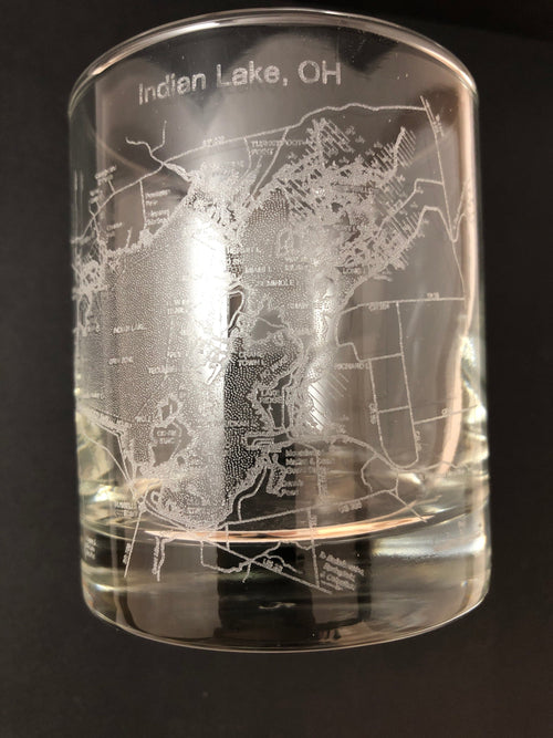 Indian Lake Map Engraved Whiskey Glass. - C & A Engraving and Gifts
