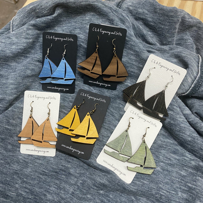 Wooden Sailboat Dangle Earrings. Stained Birch Wood Laser Cut Earrings. - C & A Engraving and Gifts