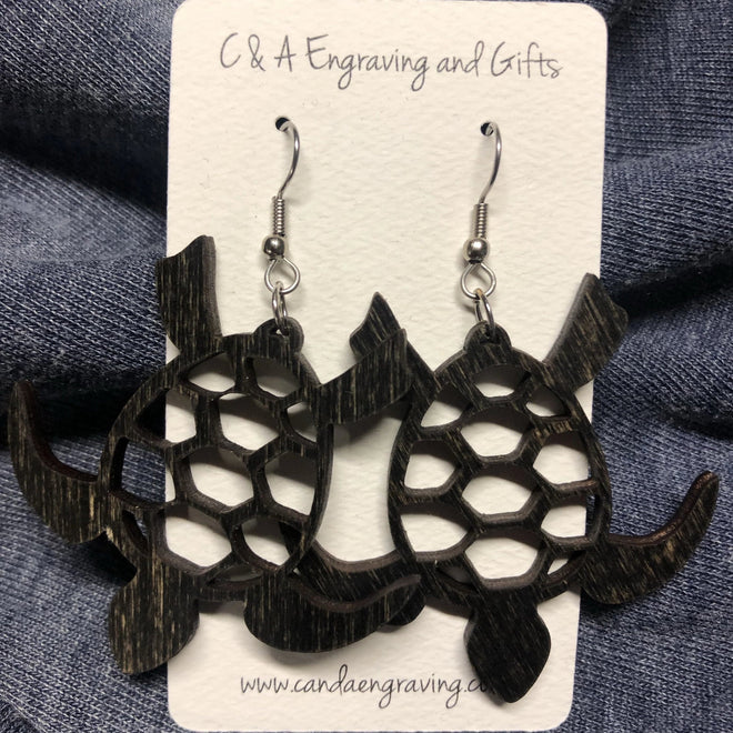 Wooden Turtle Dangle Earrings. Stained Birch Wood Laser Cut Earrings. - C & A Engraving and Gifts