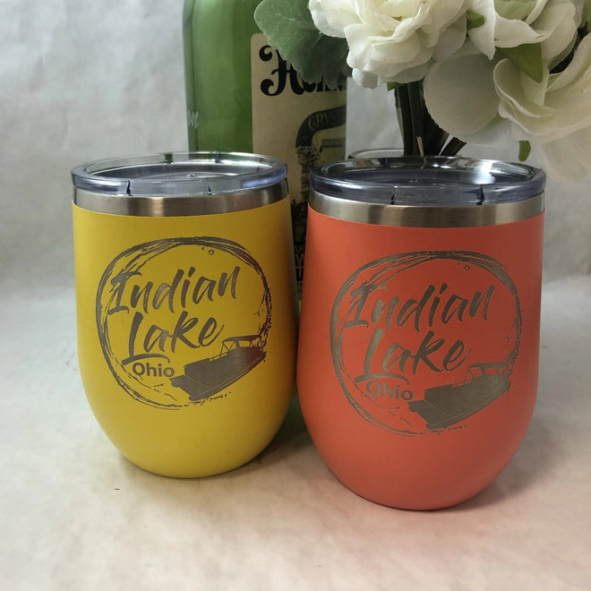 Indian Lake Ohio Stemless Engraved Wine Tumbler - C & A Engraving and Gifts