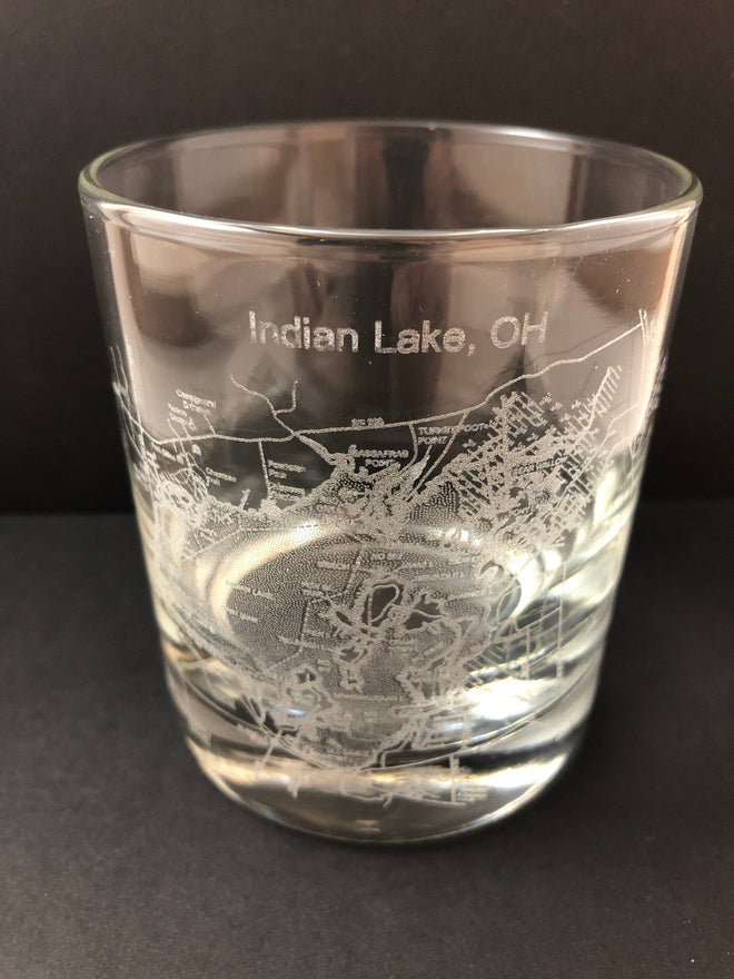 Indian Lake Map Engraved Whiskey Glass. - C & A Engraving and Gifts