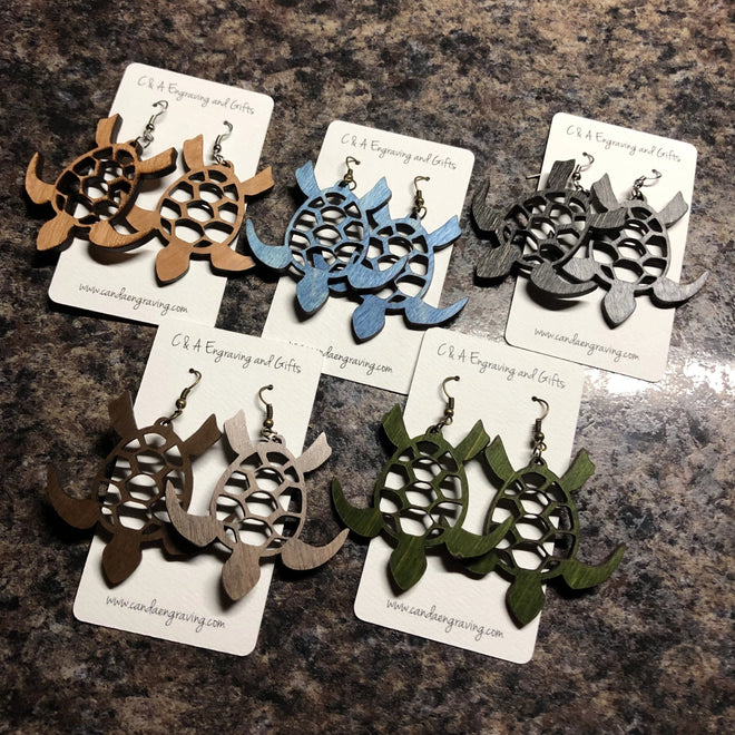 Wooden Turtle Dangle Earrings. Stained Birch Wood Laser Cut Earrings. - C & A Engraving and Gifts