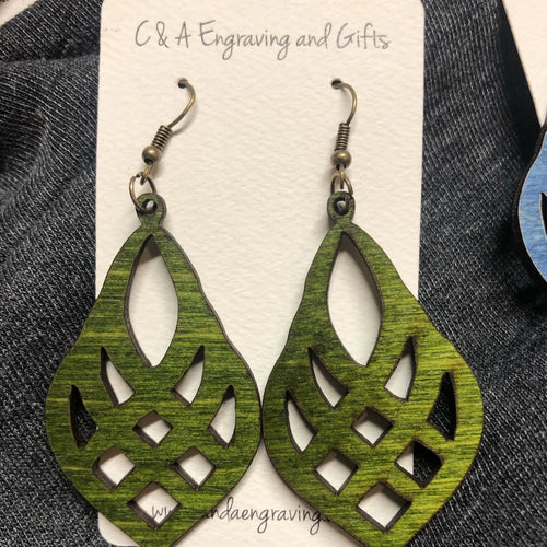 Wooden Mesh Teardrop Dangle Earrings. Stained Birch Wood Laser Cut Earrings. - C & A Engraving and Gifts