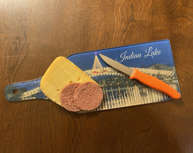 Sandy Beach Bridge Cutting Board. Indian Lake Glass Cheese Board. - C & A Engraving and Gifts