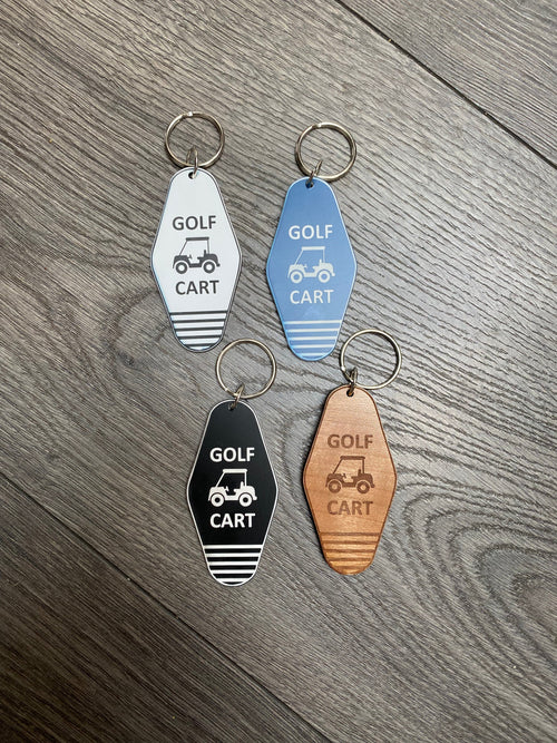 Golf Cart Hotel Keychain. Retro Golf Keychain. Engraved Campground Keychain. Key Holder. - C & A Engraving and Gifts