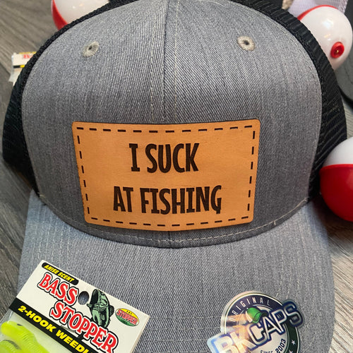 I Suck at Fishing Custom Leather Patch Hat. Fishing Ball Cap. Engraved Leather Patch Trucker Hat.