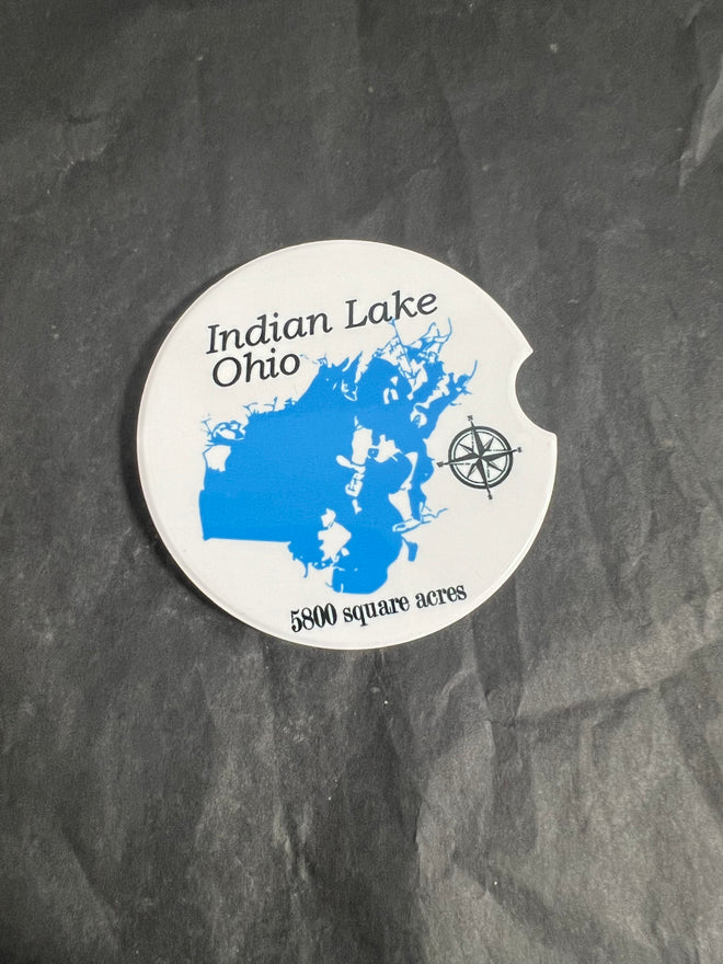 Indian Lake Ohio Car Coasters. Ceramic Car Coaster Souvenir. Indian Lake Map.