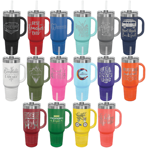 Collection of colorful 40 ounce tumblers with various designs and text on a white background