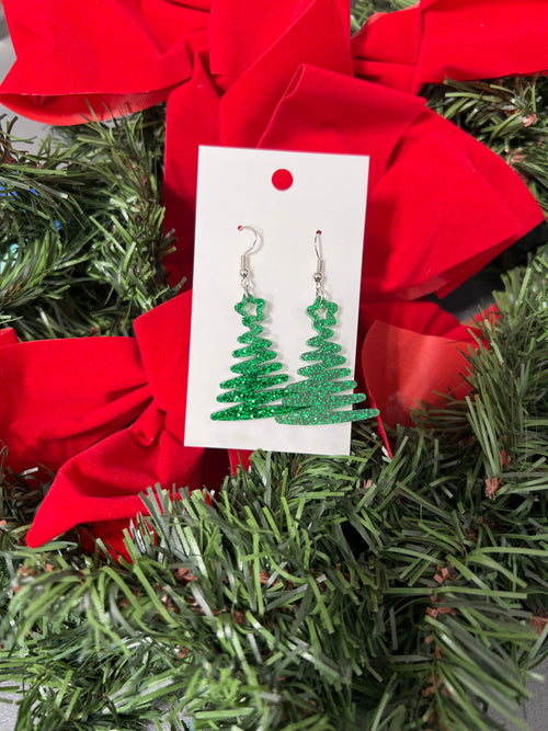 Christmas Tree Earrings. Dangle Earrings. Costume Jewelry.