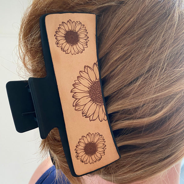Personalized Hair Claw Clip. Mama Clip. Sunflower Large Hair Clip. Engraved Leather 5" Hair Clip. Western Hair Clip. Sports Hair Clip. - C & A Engraving and Gifts