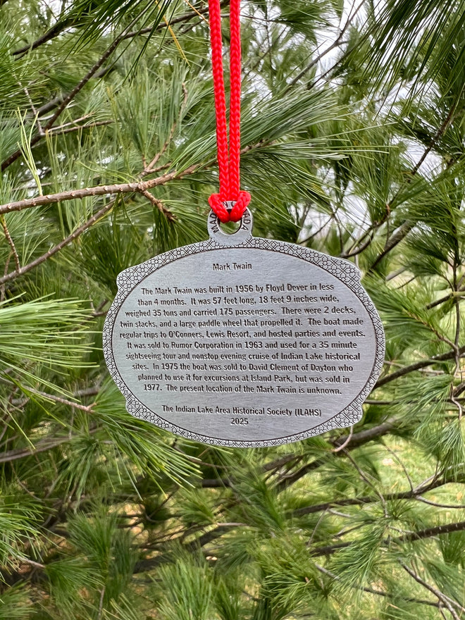 Ornament Mark Twain 2025. Indian Lake Area Historical Society Ornament. - C & A Engraving and Gifts