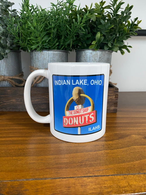 Donut Shop Coffee Mug. Indian Lake Souvenir. ILAHS ITEM. - C & A Engraving and Gifts