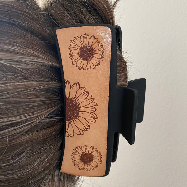 Personalized Hair Claw Clip. Mama Clip. Sunflower Large Hair Clip. Engraved Leather 5" Hair Clip. Western Hair Clip. Sports Hair Clip. - C & A Engraving and Gifts