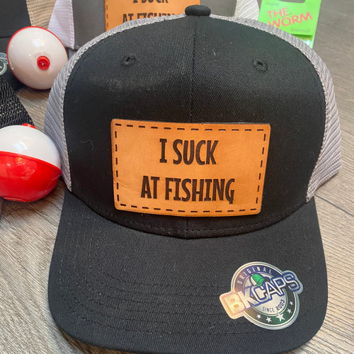 I Suck at Fishing Custom Leather Patch Hat. Fishing Ball Cap. Engraved Leather Patch Trucker Hat.