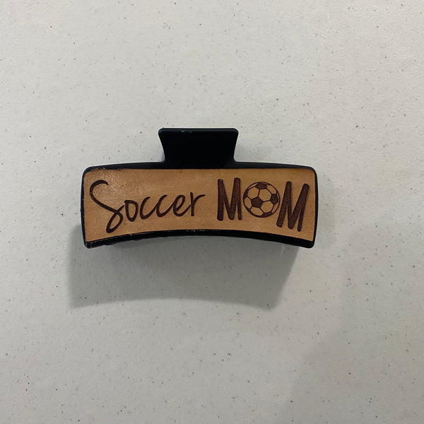 Sport Mom 5" Hair Claw Clip. Football Mom Leather Patch Hair Clip. Baseball Mom. Soccer Mom. Volleyball Mom. - C & A Engraving and Gifts