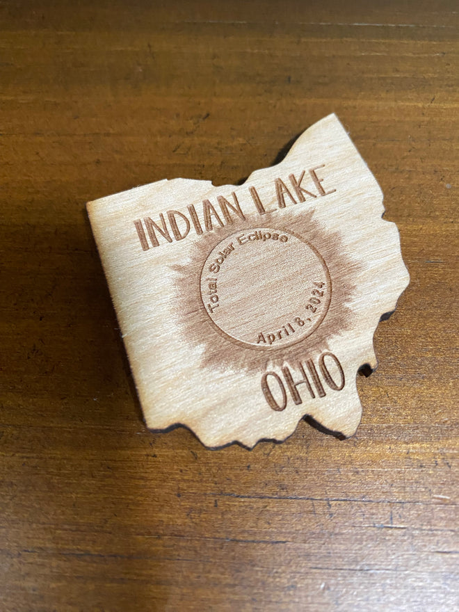 Indian Lake, Ohio Wooden Refrigerator Magnet. 2024 Shape of Ohio Eclipse Souvenir. Total Eclipse in Ohio Keepsake. Party Favor.