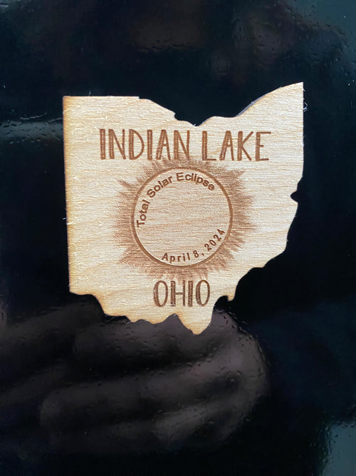 Indian Lake, Ohio Wooden Refrigerator Magnet. 2024 Shape of Ohio Eclipse Souvenir. Total Eclipse in Ohio Keepsake. Party Favor.