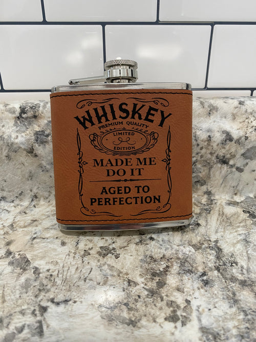 Engraved Whiskey Flask. Leatherette Bourbon Holder. Whiskey Gifts. Liquor Holder.