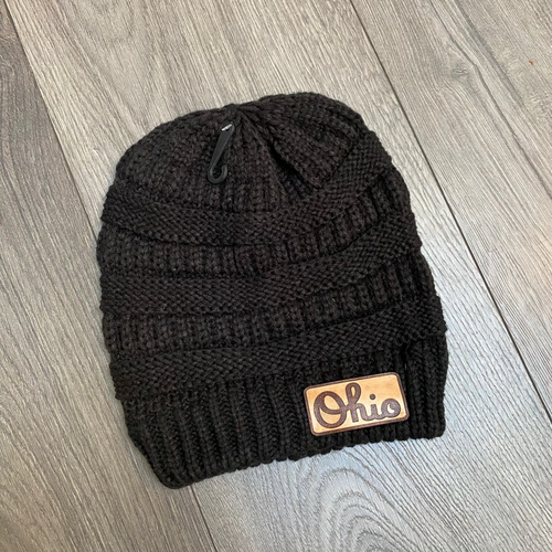 Custom Leather Ohio Patch Beanie. Warm Women's Hat. Ohio Script Beanie Hat for Women.