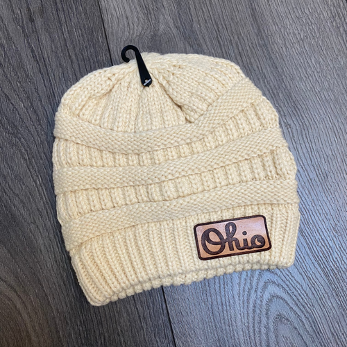 Custom Leather Ohio Patch Beanie. Warm Women's Hat. Ohio Script Beanie Hat for Women.