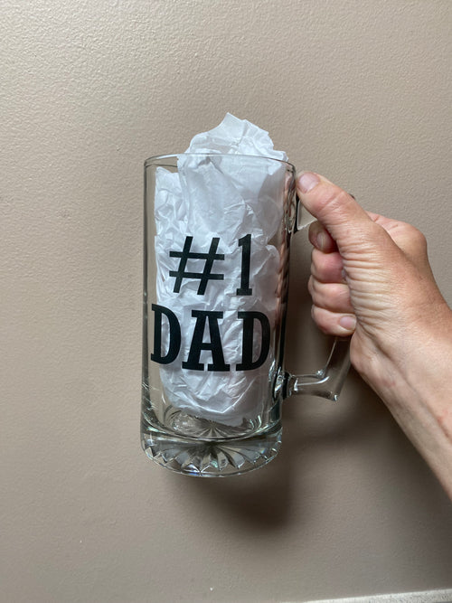 #1 Dad Beer Mug. Fathers Day Gift. Glass Beer Mug with Handle. Gift for Him. - C & A Engraving and Gifts