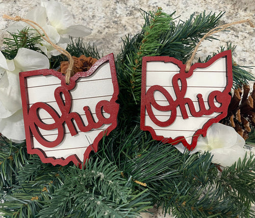 Script Ohio Shaped Wooden Ornament. Engraved Ohio Script Farmhouse Ornament. Gift for a Buckeye Fan.