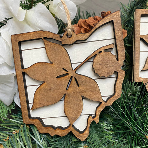 State of Ohio Christmas Shiplap Ornament. Wooden Buckeye Leaf Ornament. Ohio Gift.