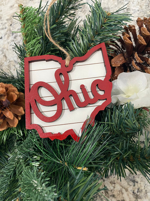 Script Ohio Shaped Wooden Ornament. Engraved Ohio Script Farmhouse Ornament. Gift for a Buckeye Fan.