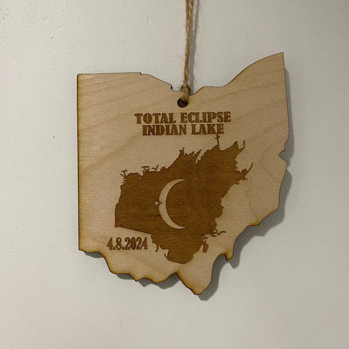 Indian Lake Ohio Eclipse Ornament. Engraved Indian Lake Map Ornament.
