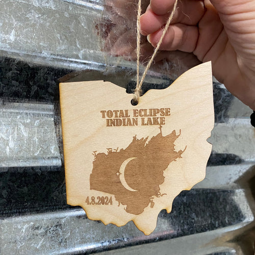Indian Lake Ohio Eclipse Ornament. Engraved Indian Lake Map Ornament.