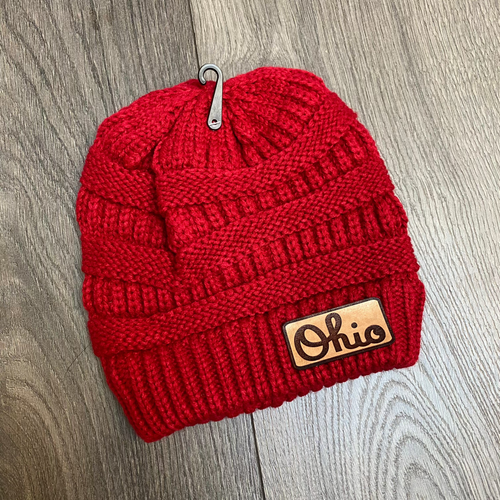 Custom Leather Ohio Patch Beanie. Warm Women's Hat. Ohio Script Beanie Hat for Women.