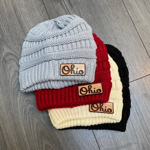 Custom Leather Ohio Patch Beanie. Warm Women's Hat. Ohio Script Beanie Hat for Women.