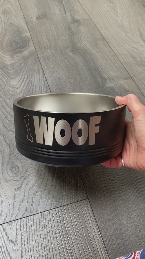 Woof Dog Bowl. Stainless Steel Engraved Dog Dish. Insulated Pet Food Bowl.