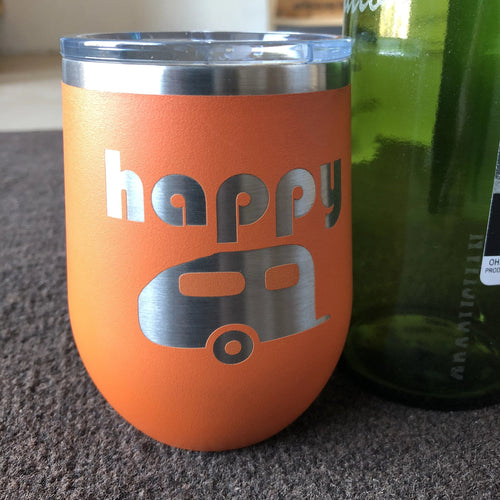 Happy Camper Stemless Wine Engraved Tumbler. Camping Drink Holder. - C & A Engraving and Gifts